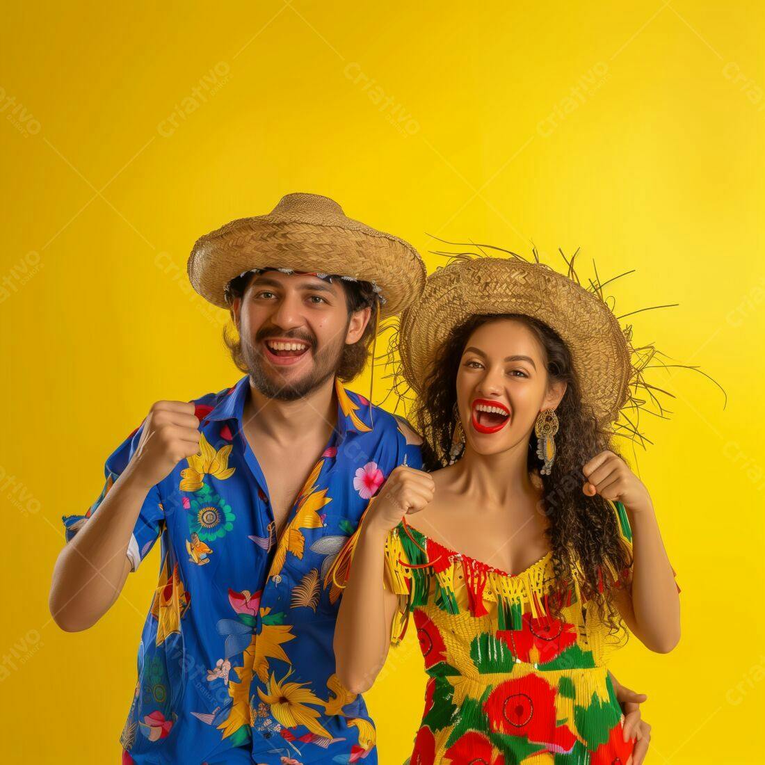 Casal alegre em festa junina com chapéu de palha