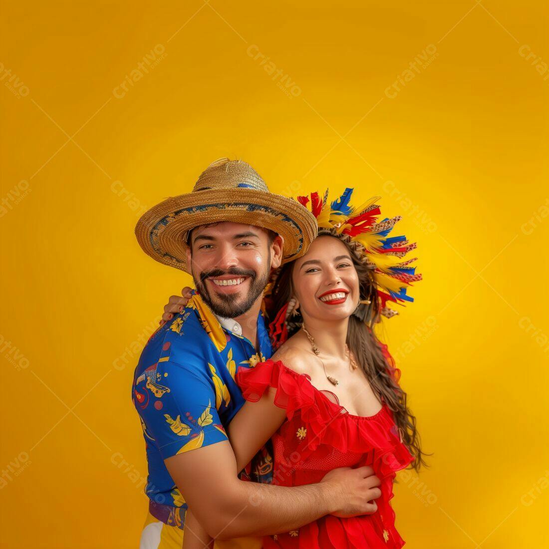Casal alegre em trajes juninos