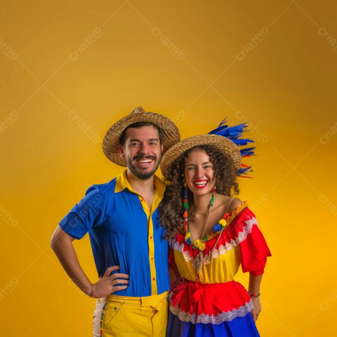 Casal alegre em trajes típicos juninos