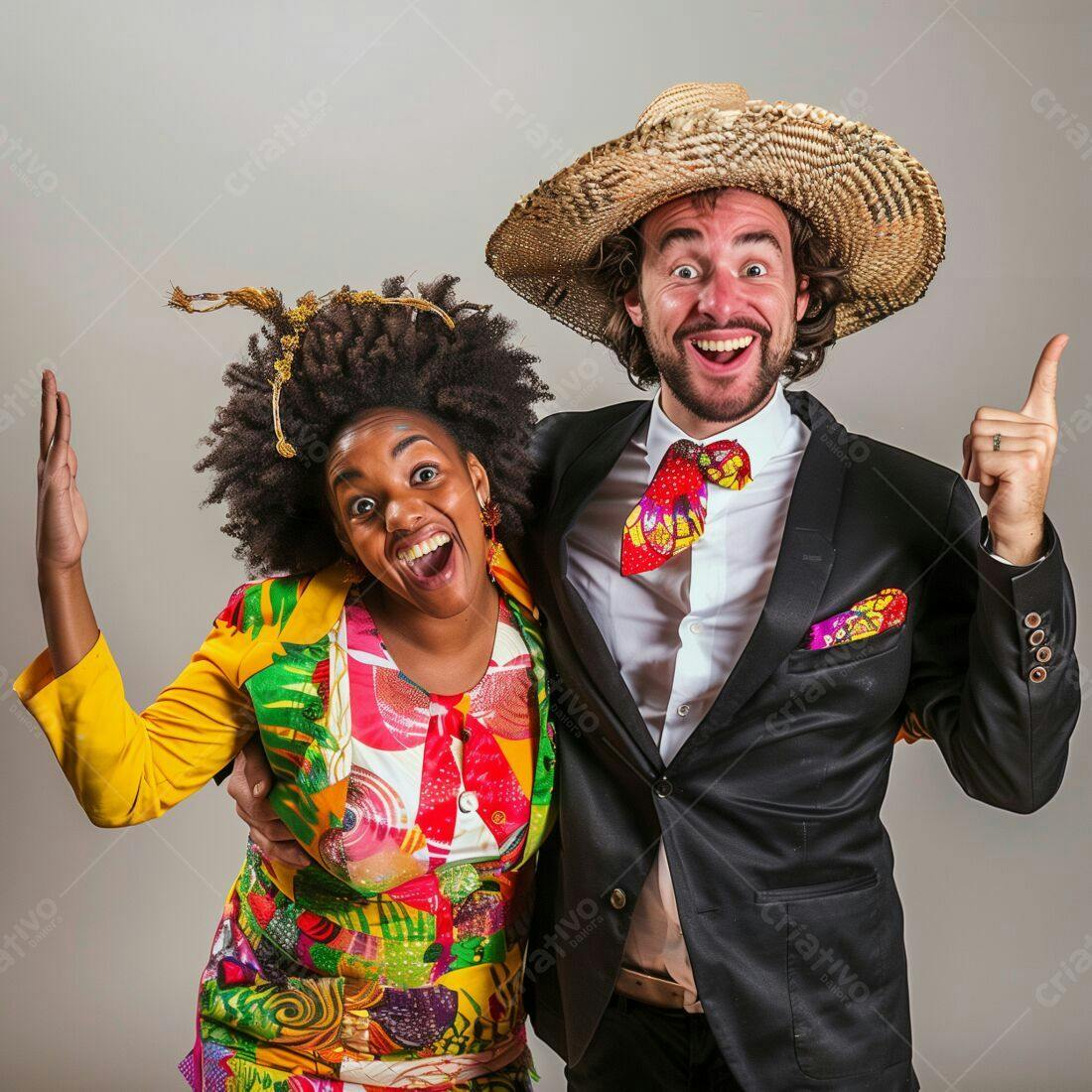 Casal alegre em trajes coloridos festa junina