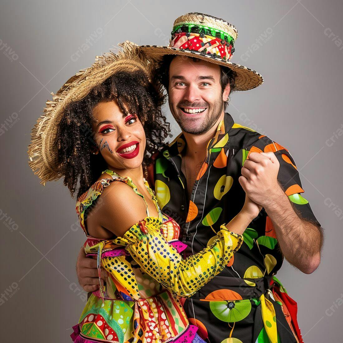 Casal alegre em trajes juninos