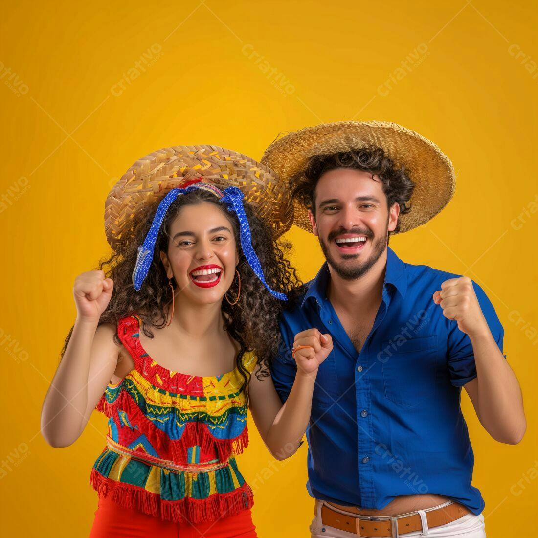 Casal alegre em festa junina com chapéu de palha