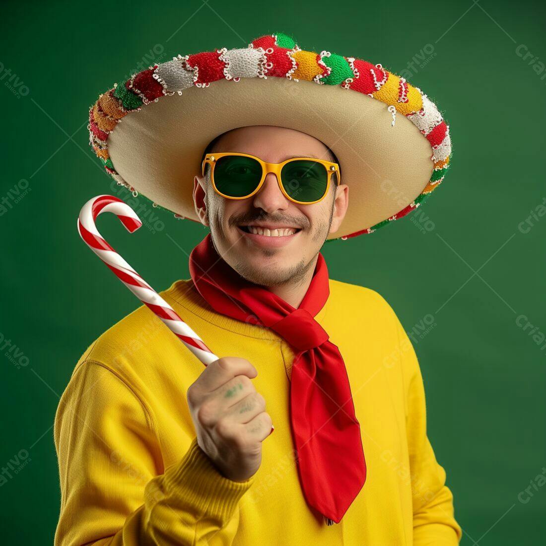Homem sorridente com chapéu mexicano e bengala de doce