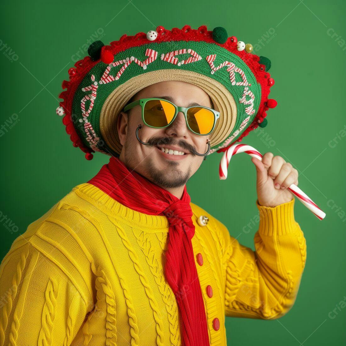 Homem sorridente com chapéu mexicano e pirulito
