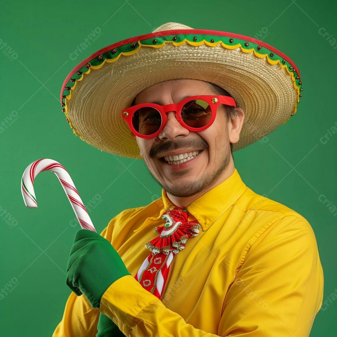 Homem sorridente com chapéu mexicano e bengala de doce