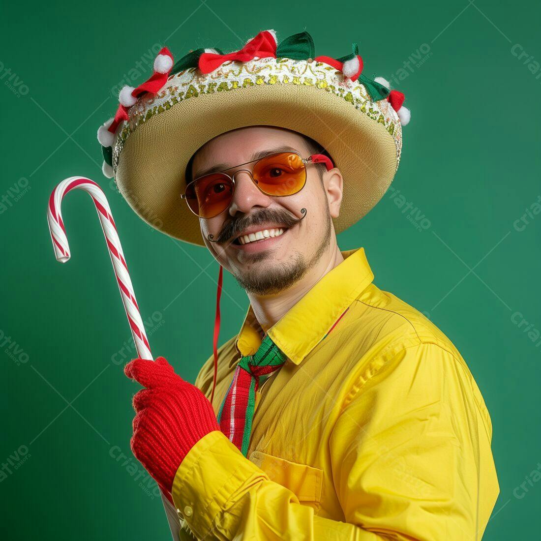 Homem sorridente com chapéu mexicano e bengala de Natal