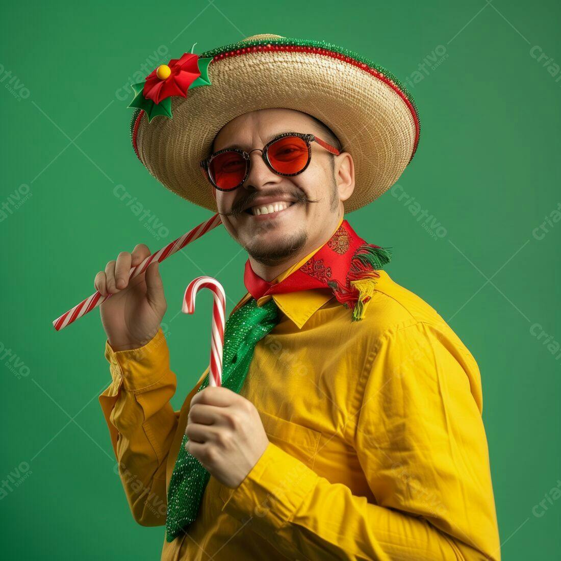 Homem sorridente com chapéu mexicano e bengalas de Natal