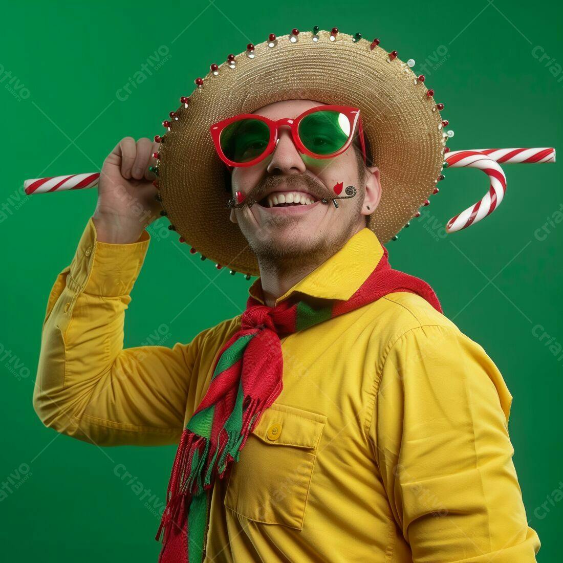 Homem alegre com chapéu mexicano e óculos verdes