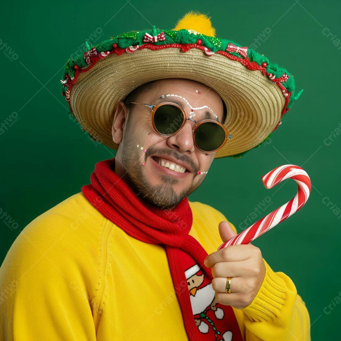 Homem sorridente com chapéu mexicano e pirulito natalino