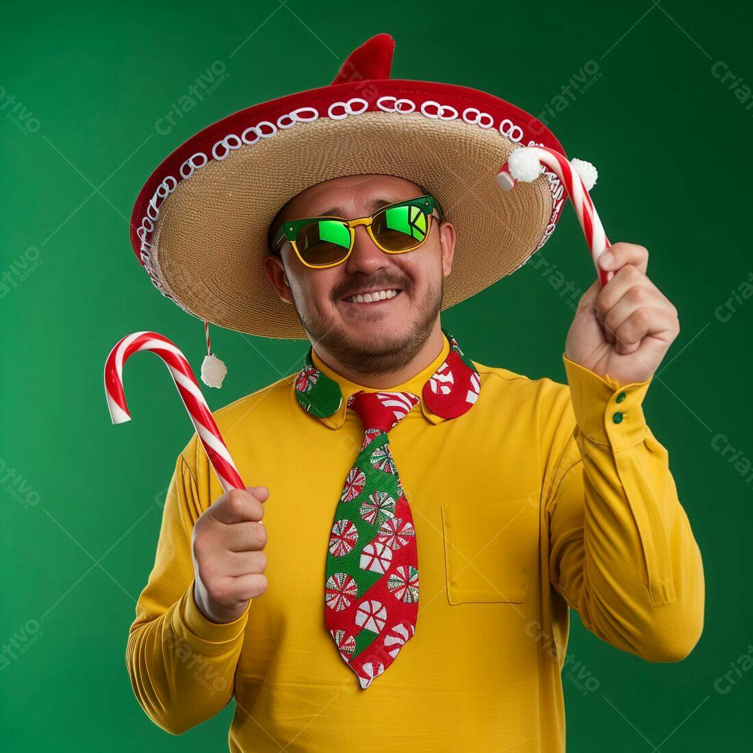 Homem sorridente com chapéu mexicano e doces de Natal