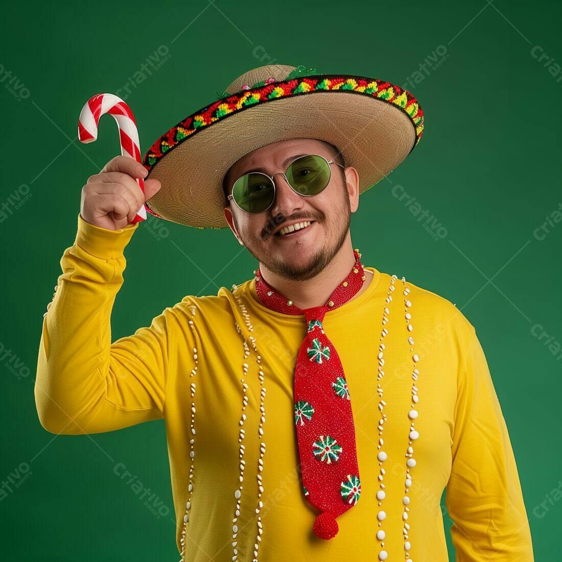 Homem sorridente com chapéu mexicano e bastão de doces