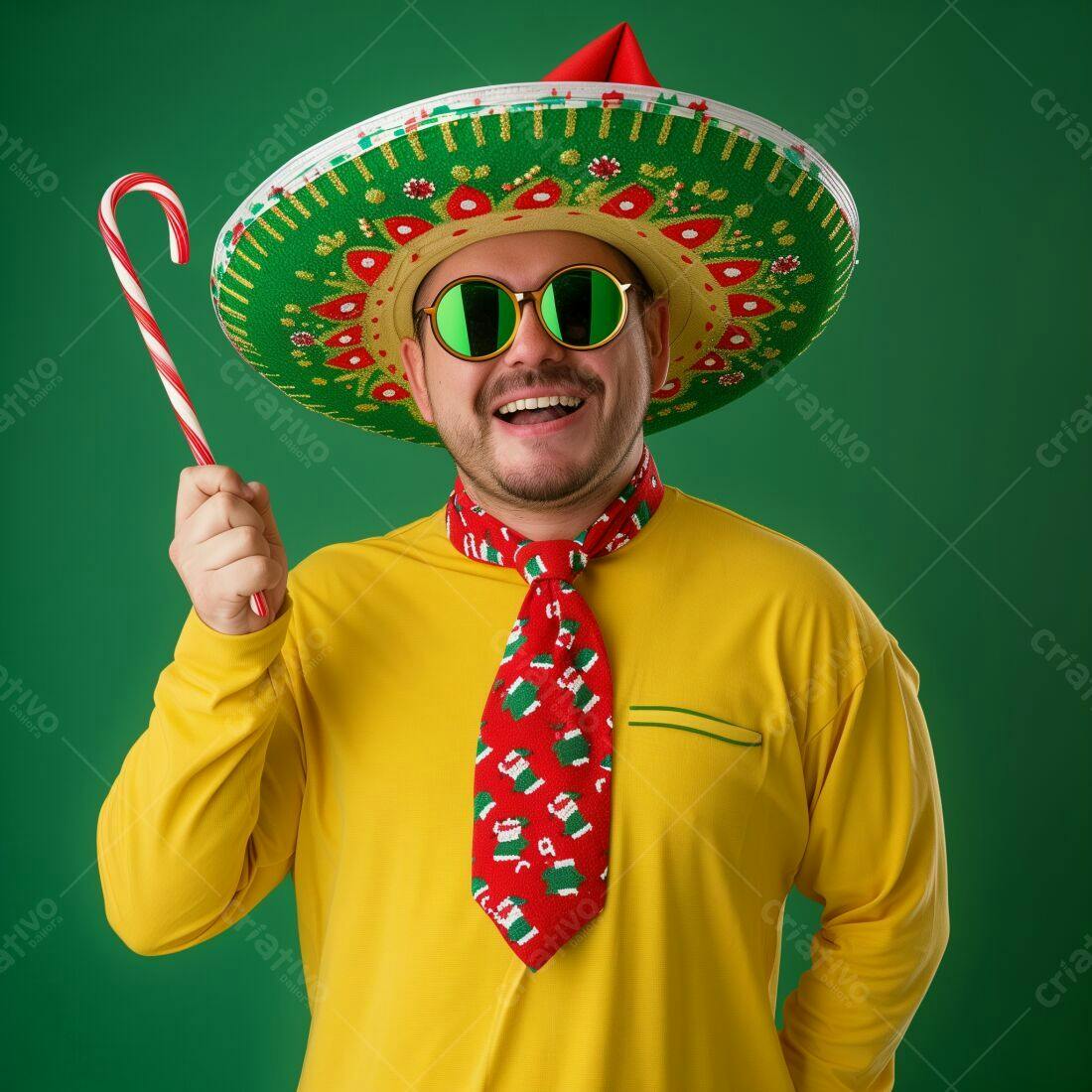 Homem alegre com sombrero mexicano e doce em fundo verde