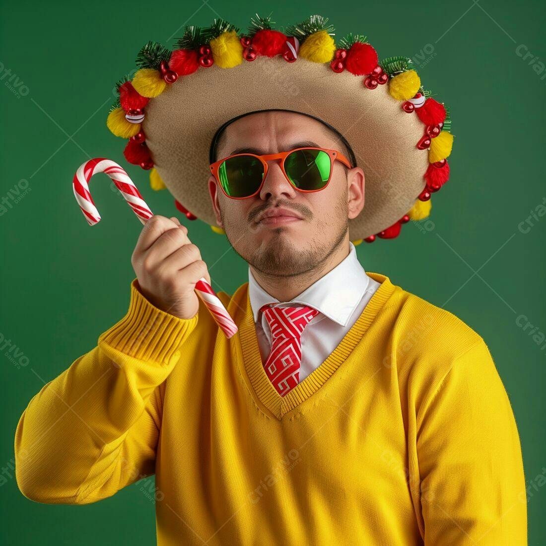Homem com chapéu mexicano e pirulito natalino