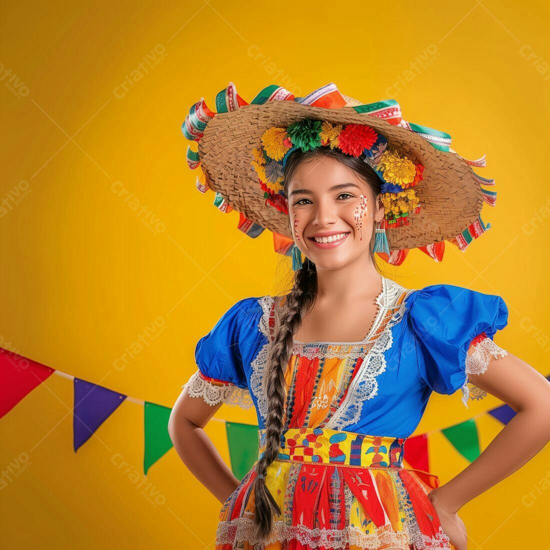 Festa Junina Mulher Sorridente em Vestido Colorido