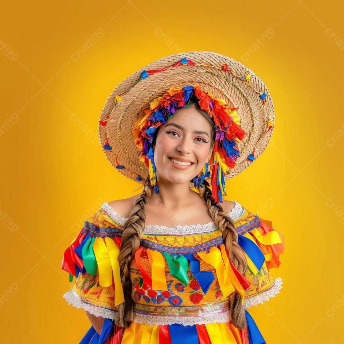 Mulher sorridente com traje colorido Festa Junina
