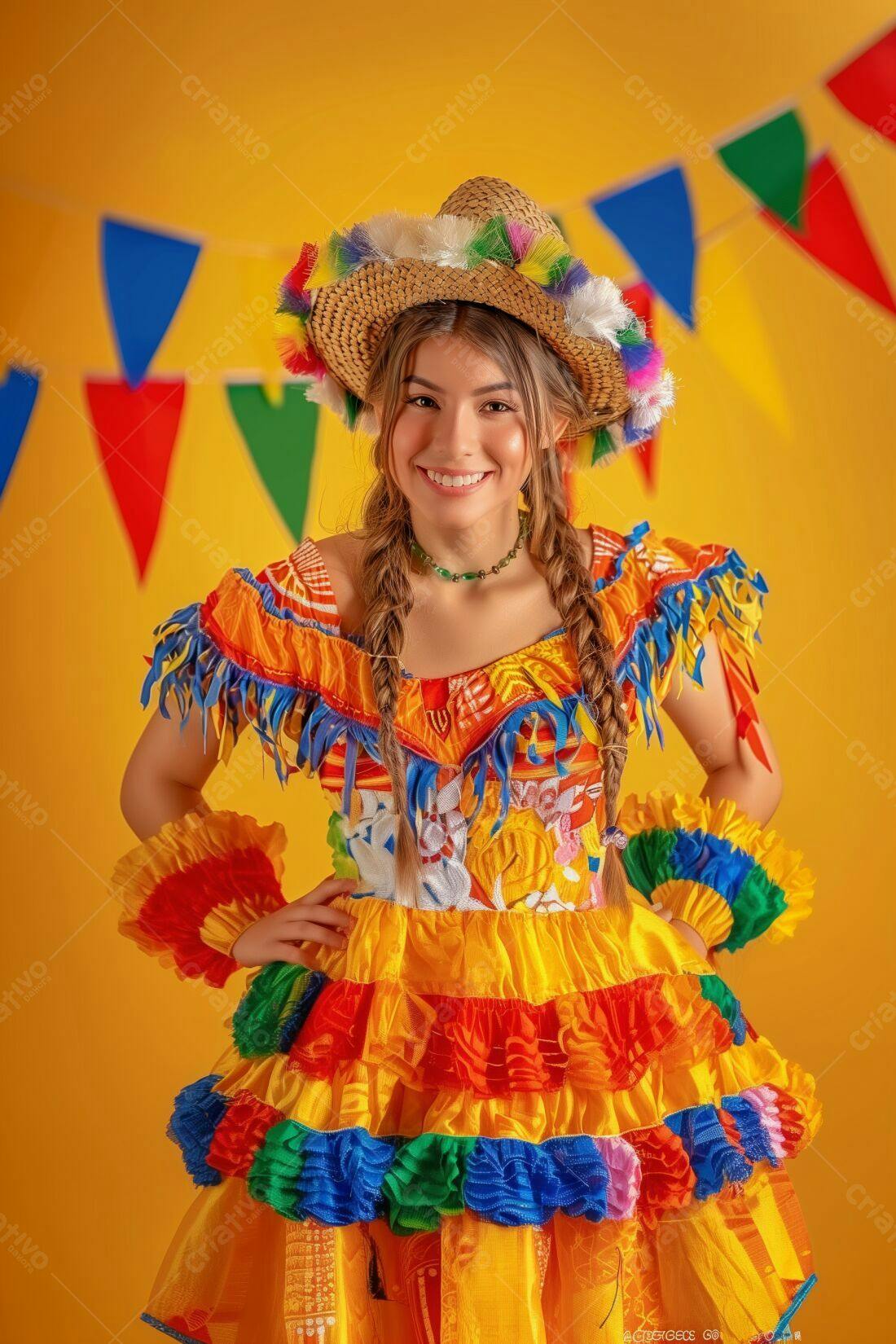 Mulher sorridente em traje de Festa Junina