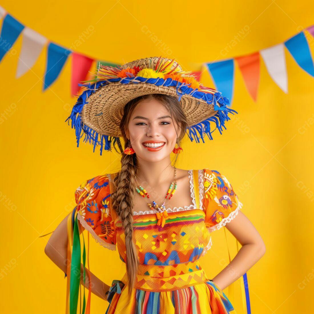 Mulher sorridente em traje de festa junina