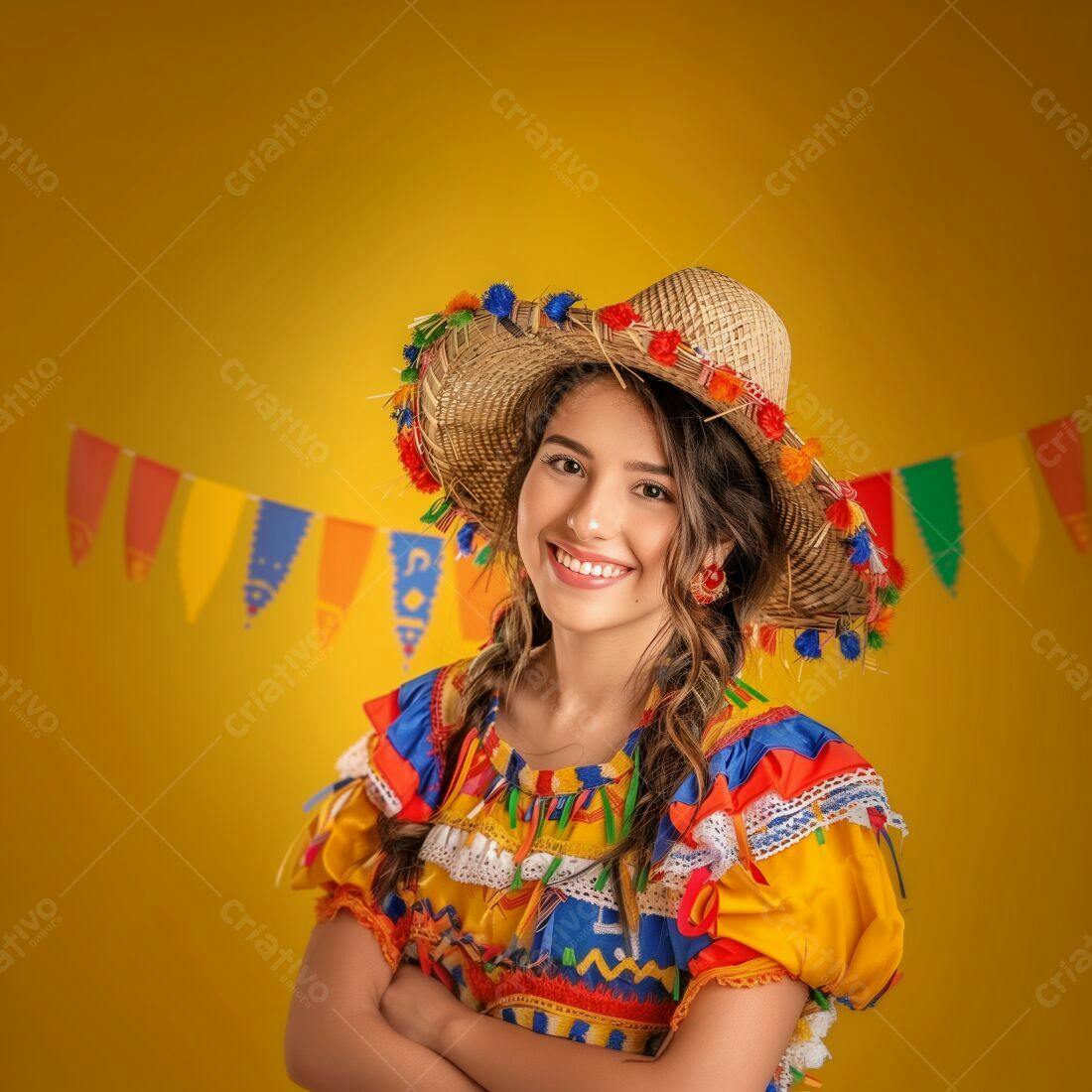 Mulher sorridente em roupa de Festa Junina