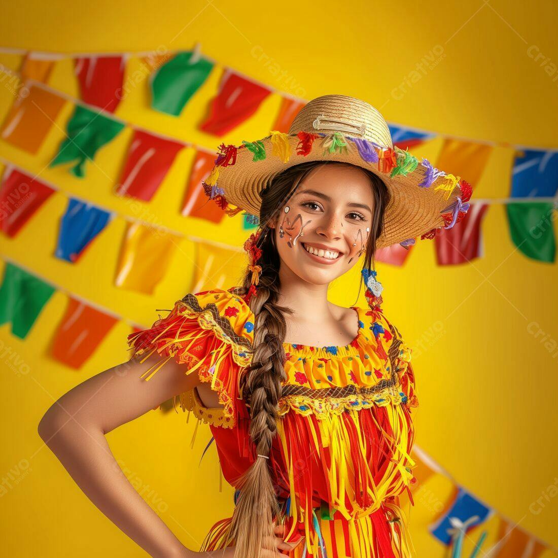 Menina sorridente Festa Junina traje amarelo vermelho