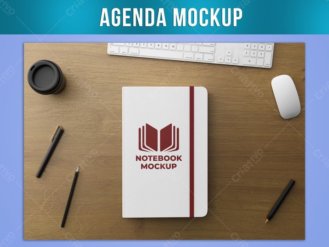 Mockup Agenda em Mesa de Madeira com Notebook