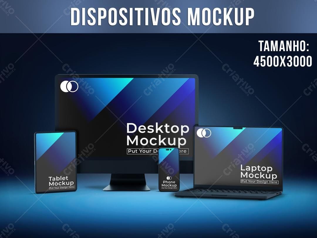 Mockup Realista de Dispositivos: Desktop, Notebook, Tablet e Smartphone