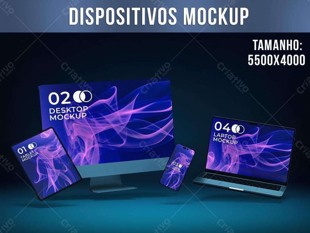 Mockup Realista de Dispositivos: Desktop, Notebook, Tablet e Smartphone