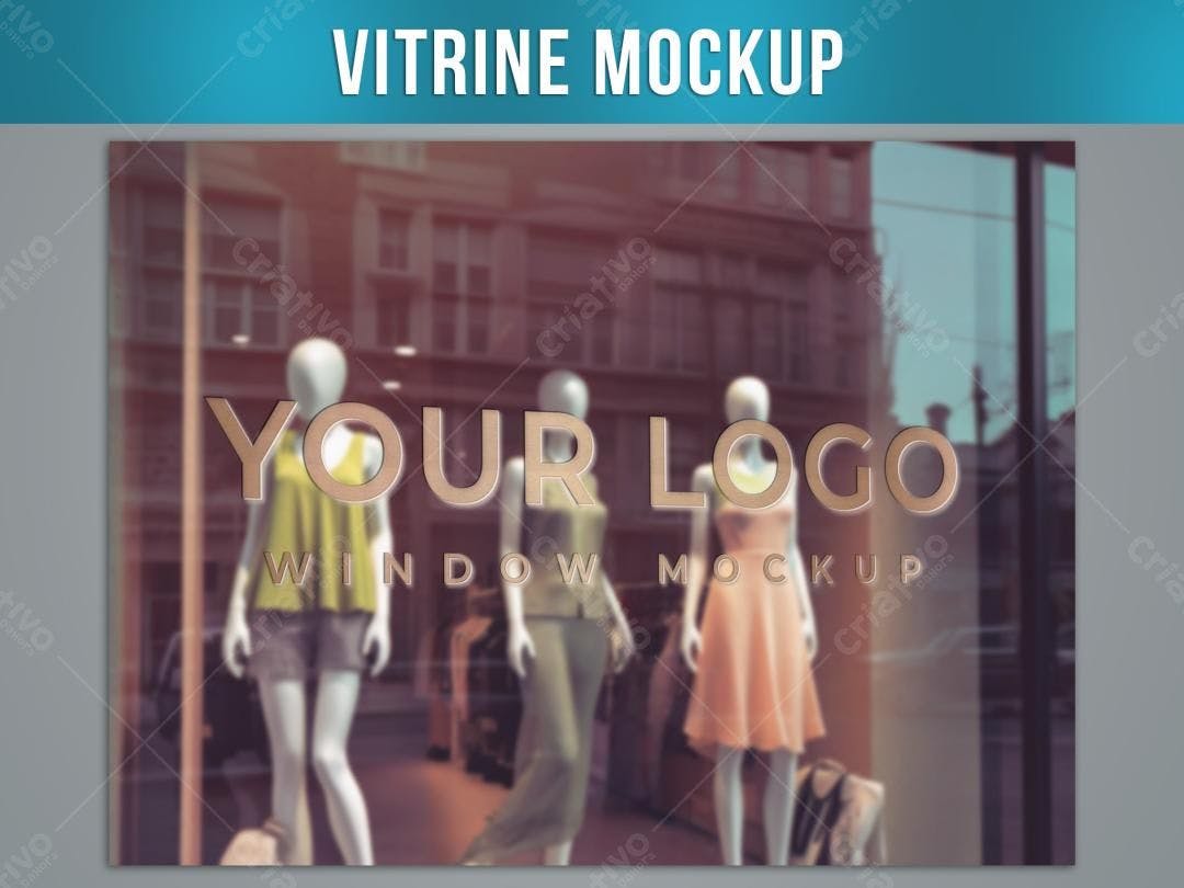 Mockup Vitrine Realista com Manequins e Logo Dourada