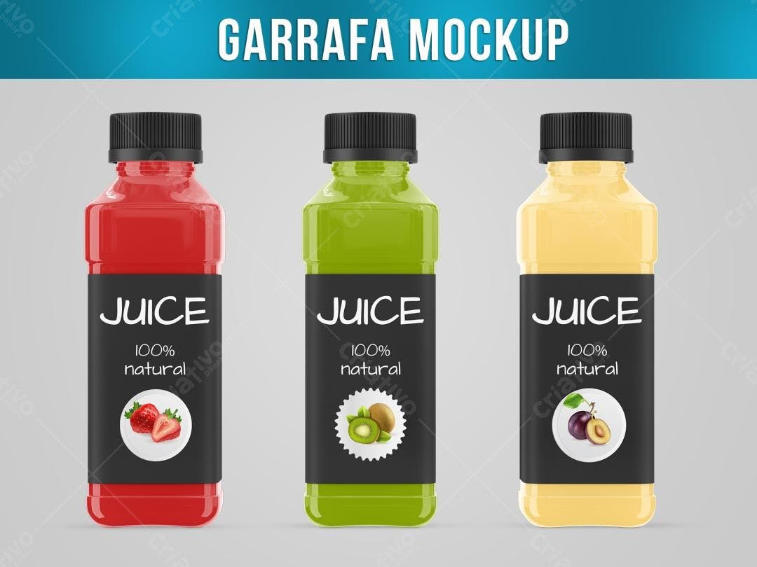 Mockup de Garrafas de Suco Realistas: Vermelho, Verde e Amarelo