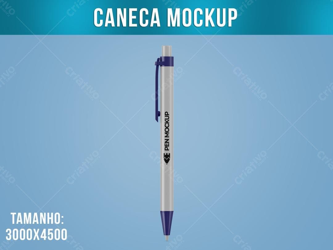 Mockup Realista de Caneta em tom Prata e Azul