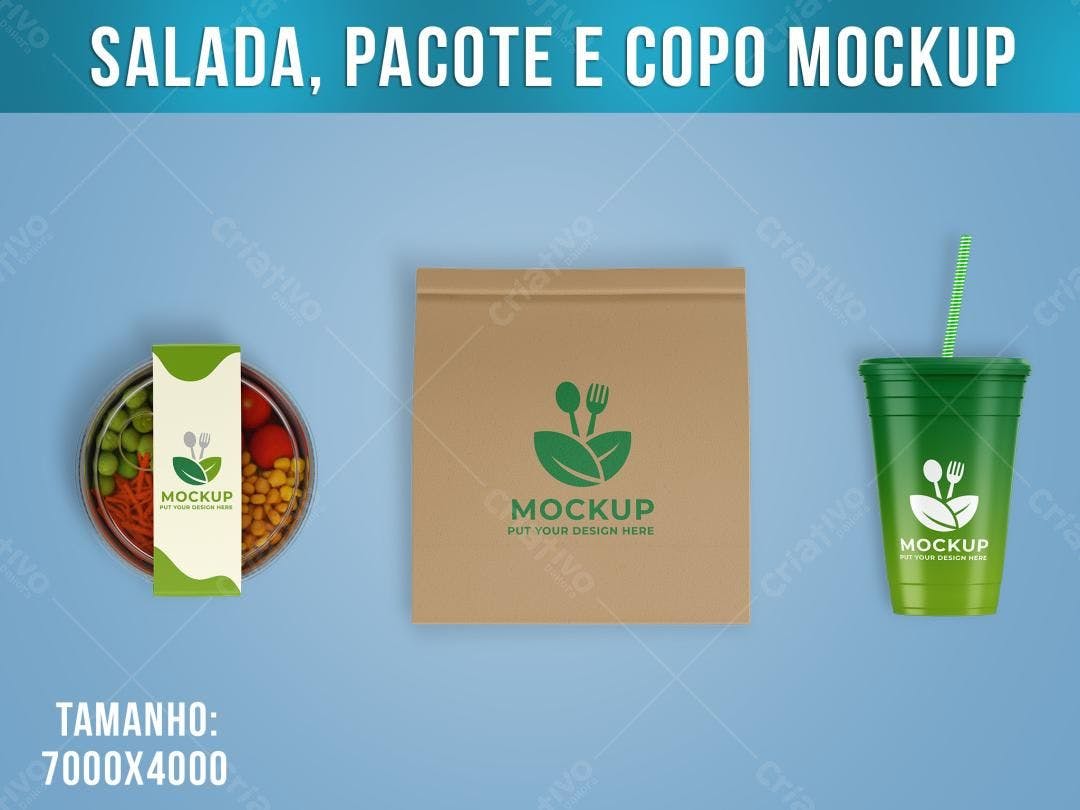 Mockup Embalagem de Comida Saudável: Pote, Sacola e Copo