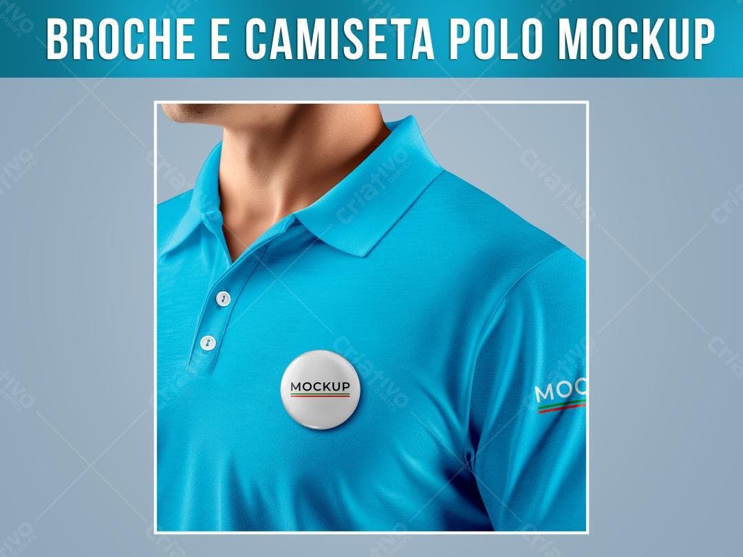 Mockup Camiseta Polo Azul com Broche: Visual Realista
