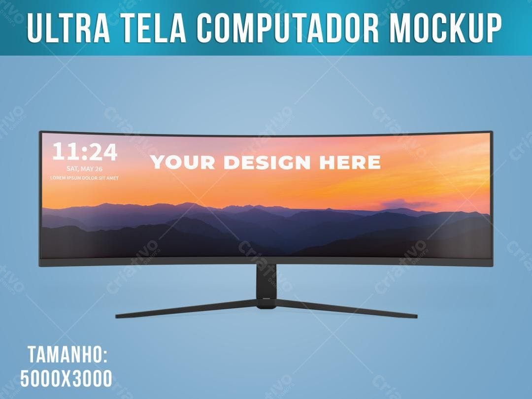 Mockup de Monitor Ultrawide com Paisagem ao Pôr do Sol
