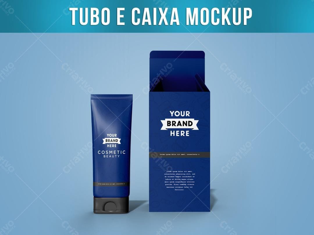 Mockup Realista de Embalagem Cosmética: Tubo e Caixa Azul-Marinho