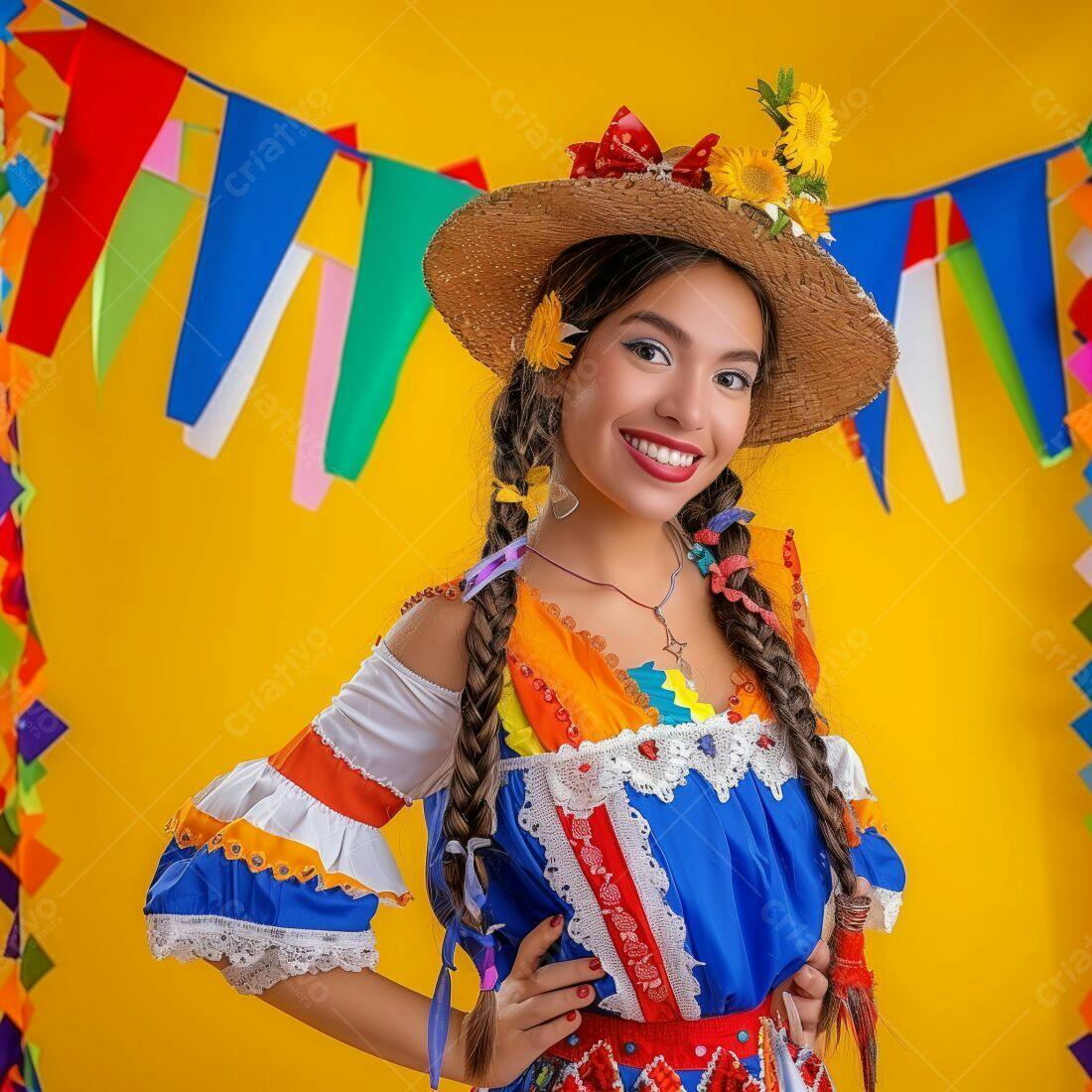 Mulher sorridente em traje de Festa Junina