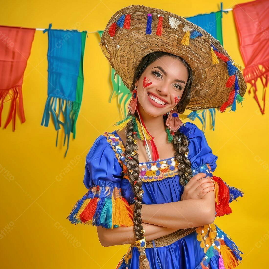 Mulher sorridente em traje de festa junina