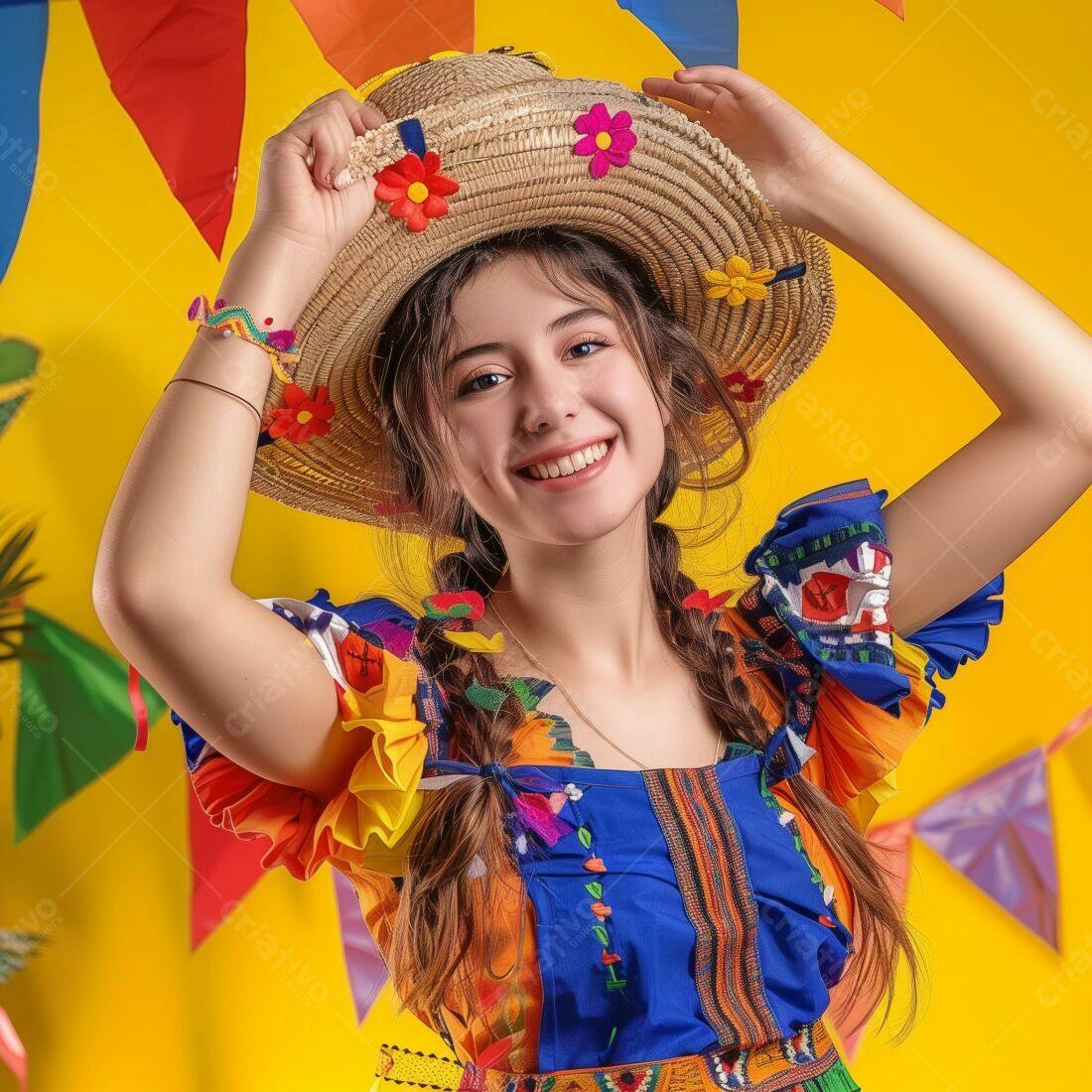 Menina sorridente com chapéu de palha em festa junina