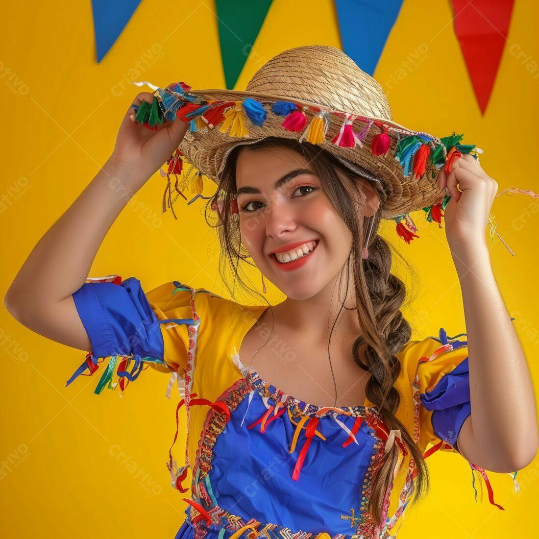 Mulher sorridente com chapéu de palha Festa Junina