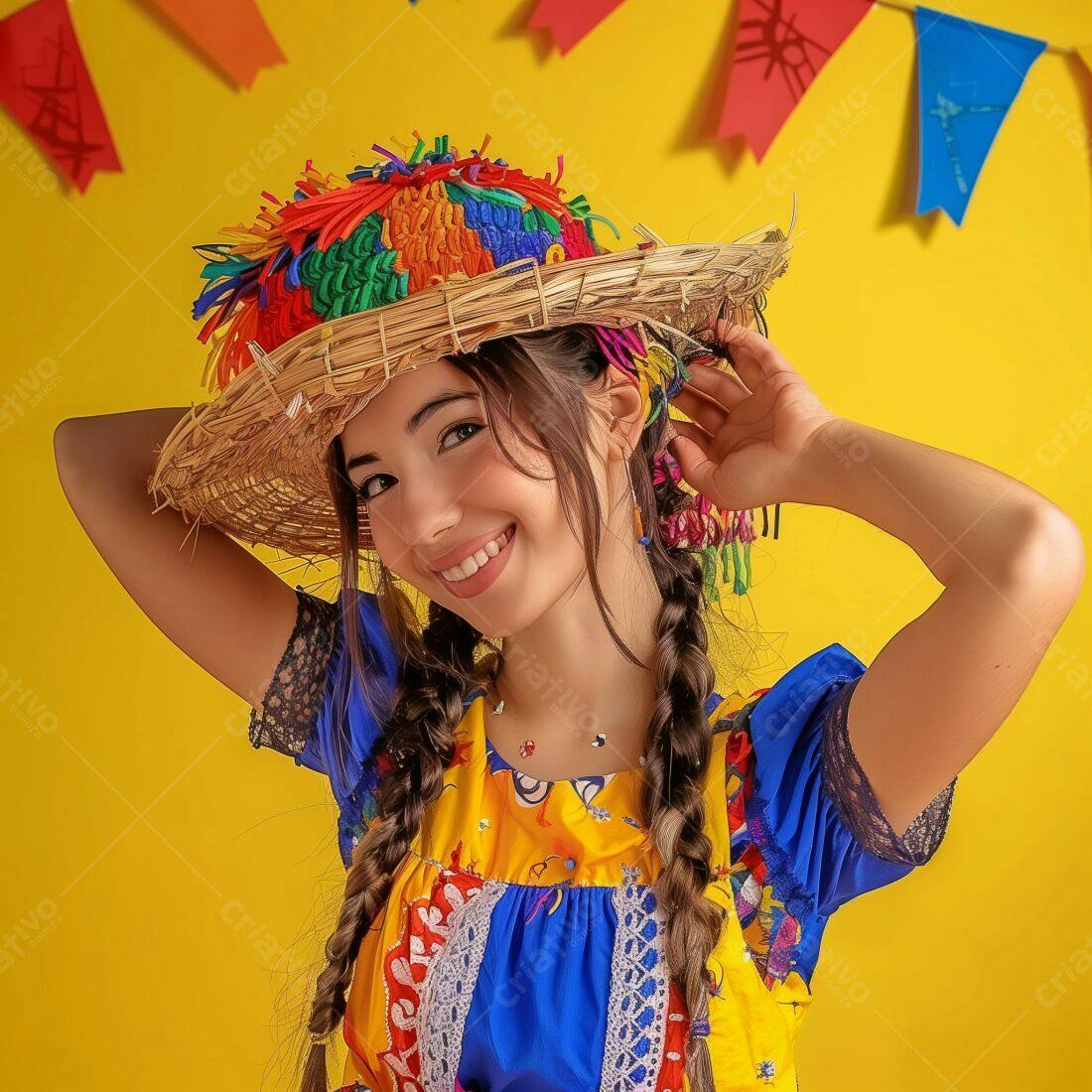 Mulher sorridente com chapéu de Festa Junina