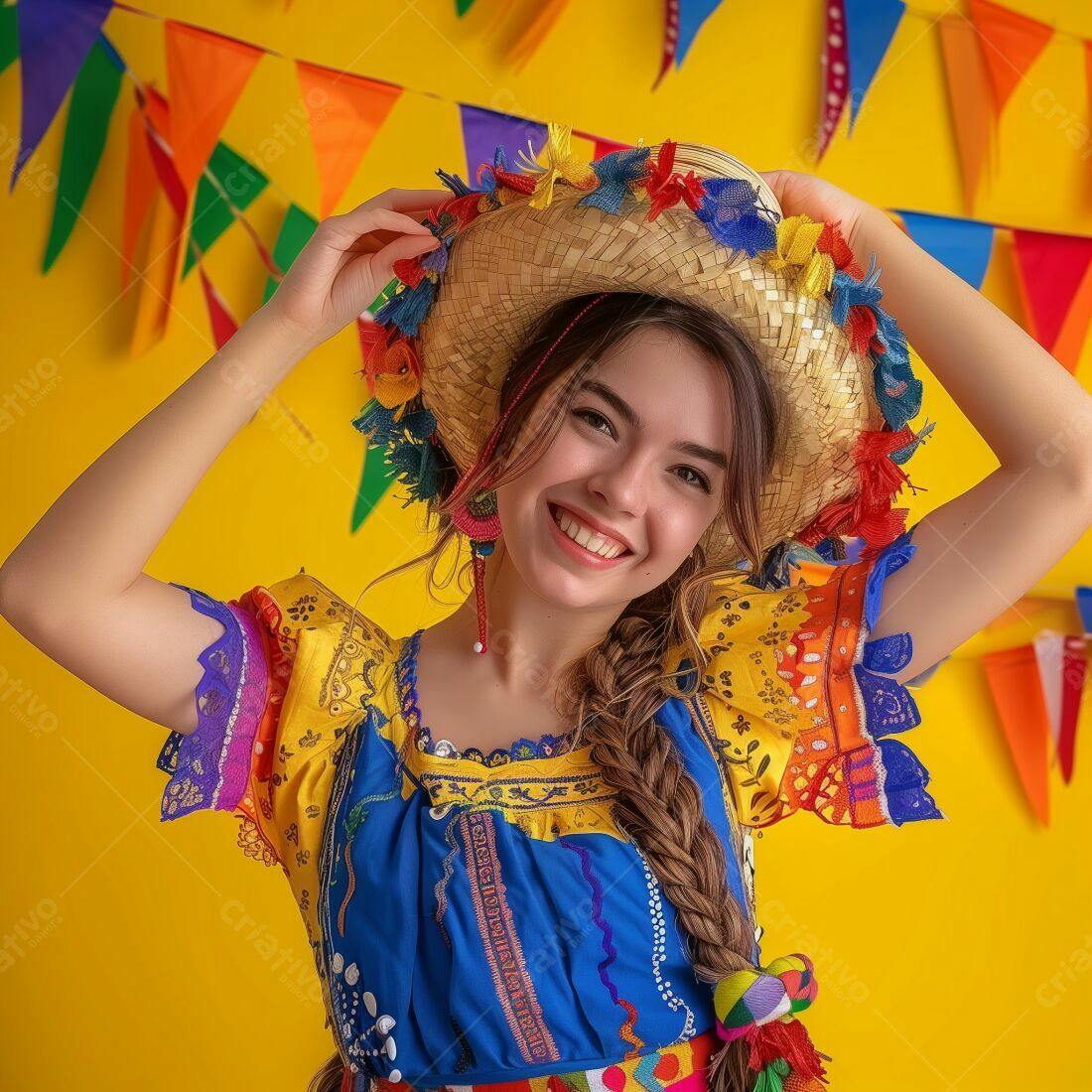 Mulher sorridente com chapéu de festa junina
