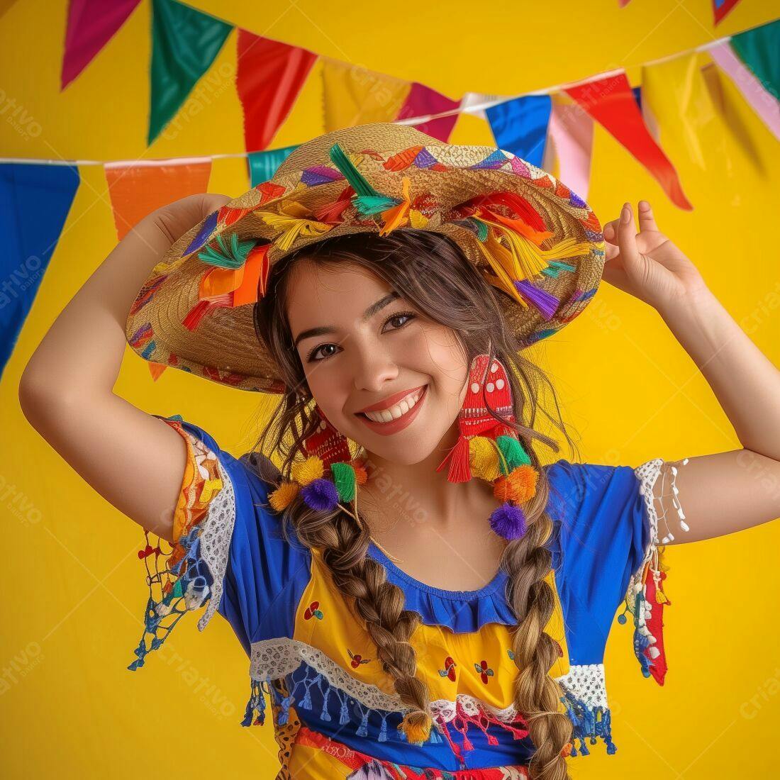 Mulher sorridente em traje de festa junina