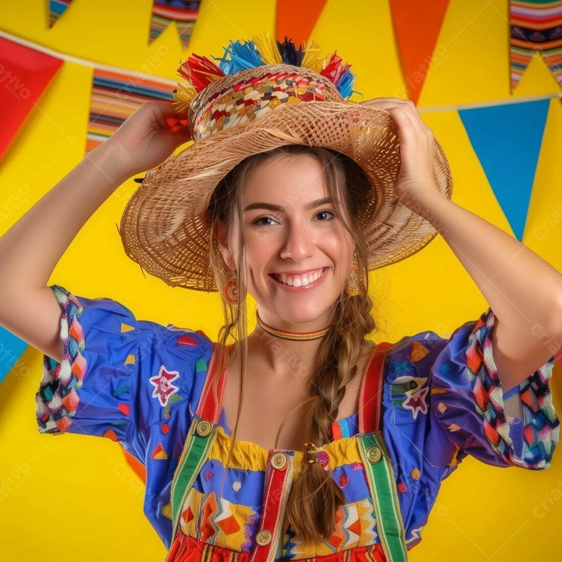 Mulher sorridente com chapéu de Festa Junina