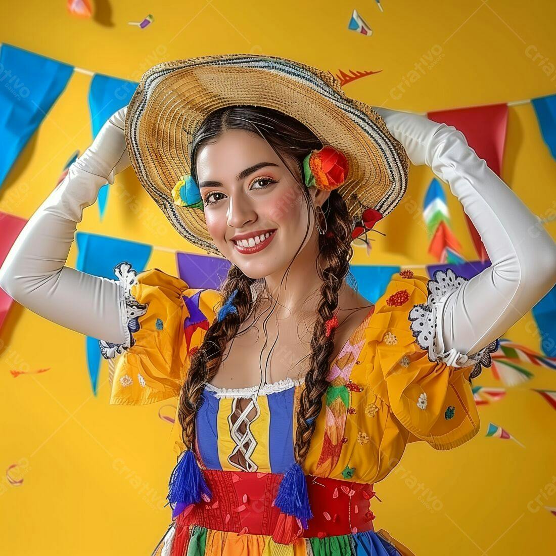 Mulher sorridente em traje de Festa Junina