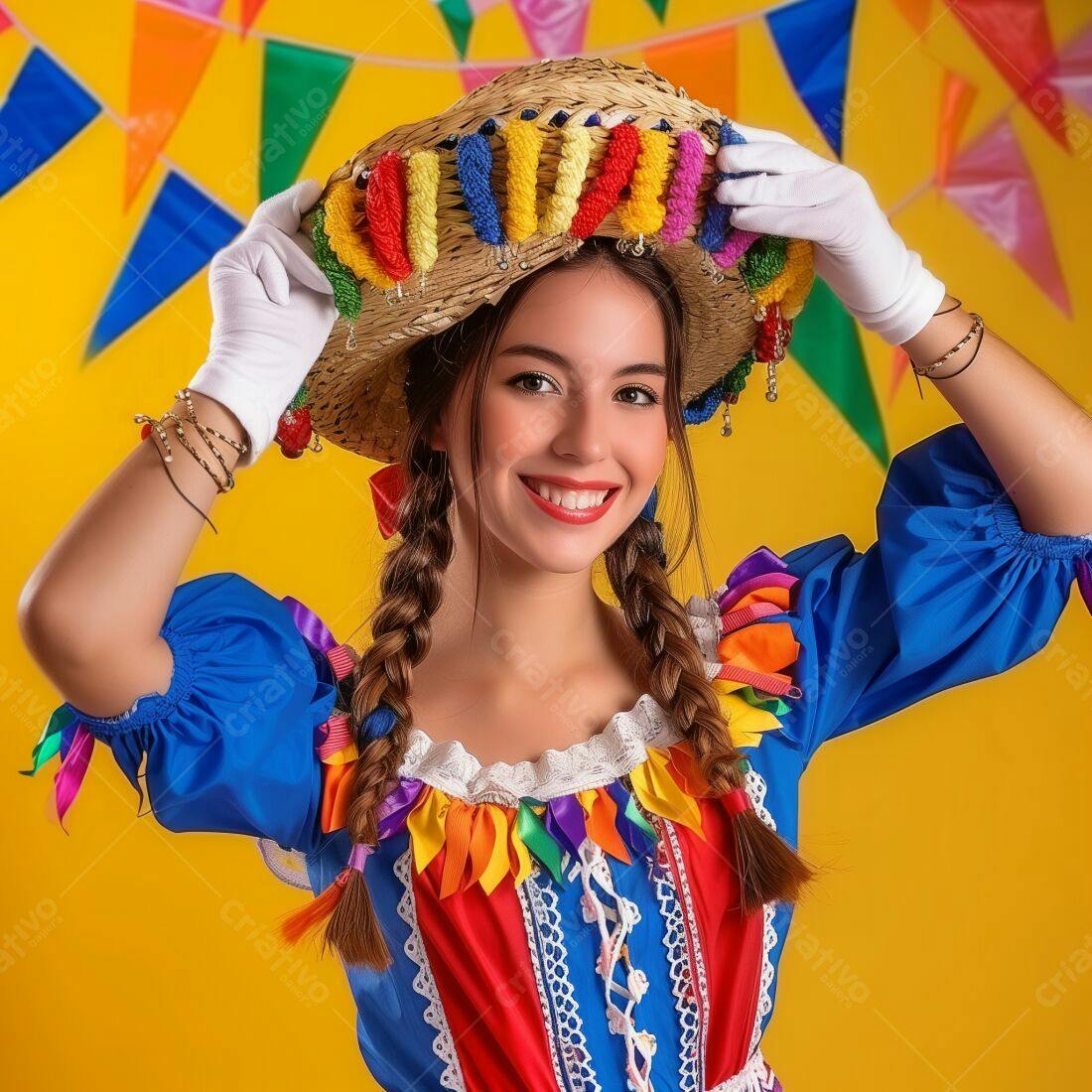 Mulher sorridente com roupa de Festa Junina