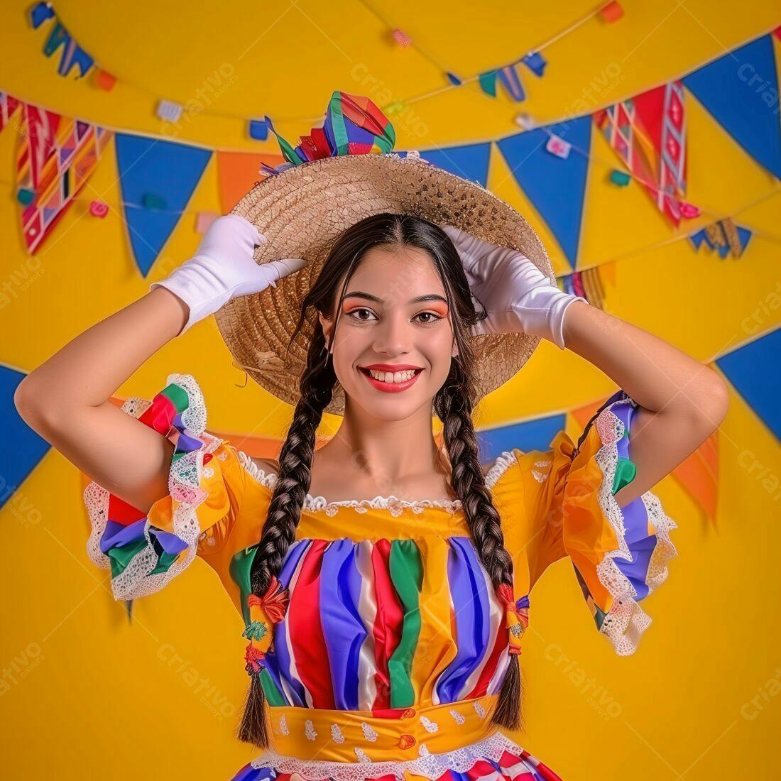 Mulher sorridente em traje de festa junina