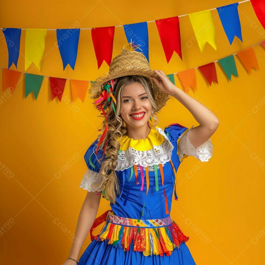 Mulher sorridente em traje de festa junina