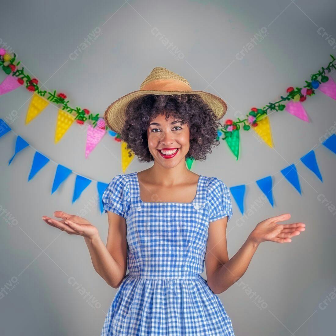 Mulher sorridente em vestido azul Festa Junina