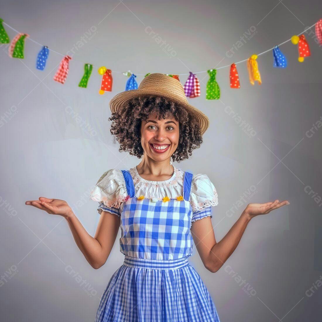 Mulher sorridente em traje junino azul e branco
