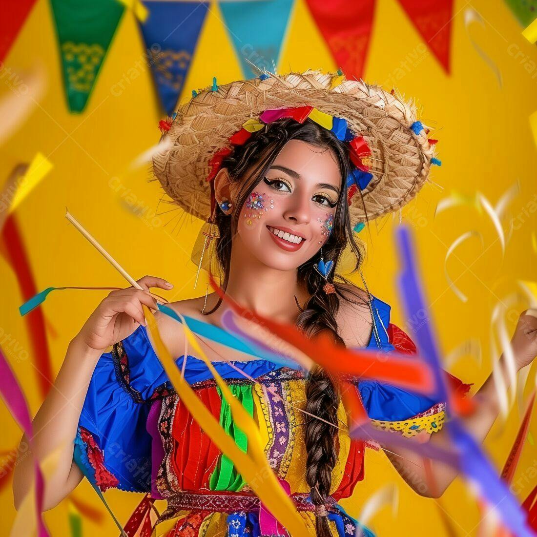 Mulher em traje de Festa Junina com serpentinas
