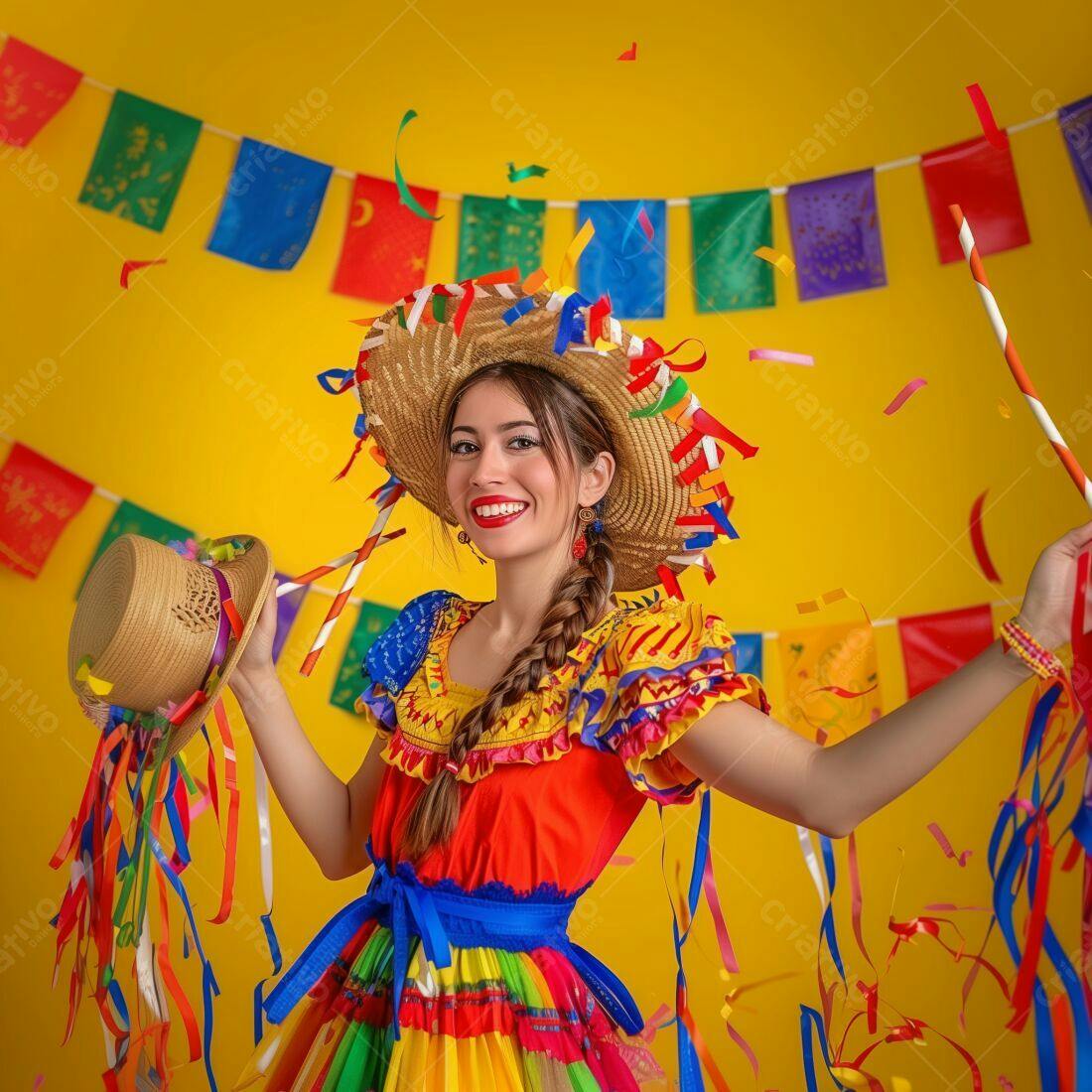 Mulher sorridente em traje de Festa Junina