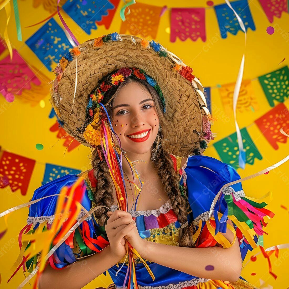 Mulher sorridente em traje de Festa Junina